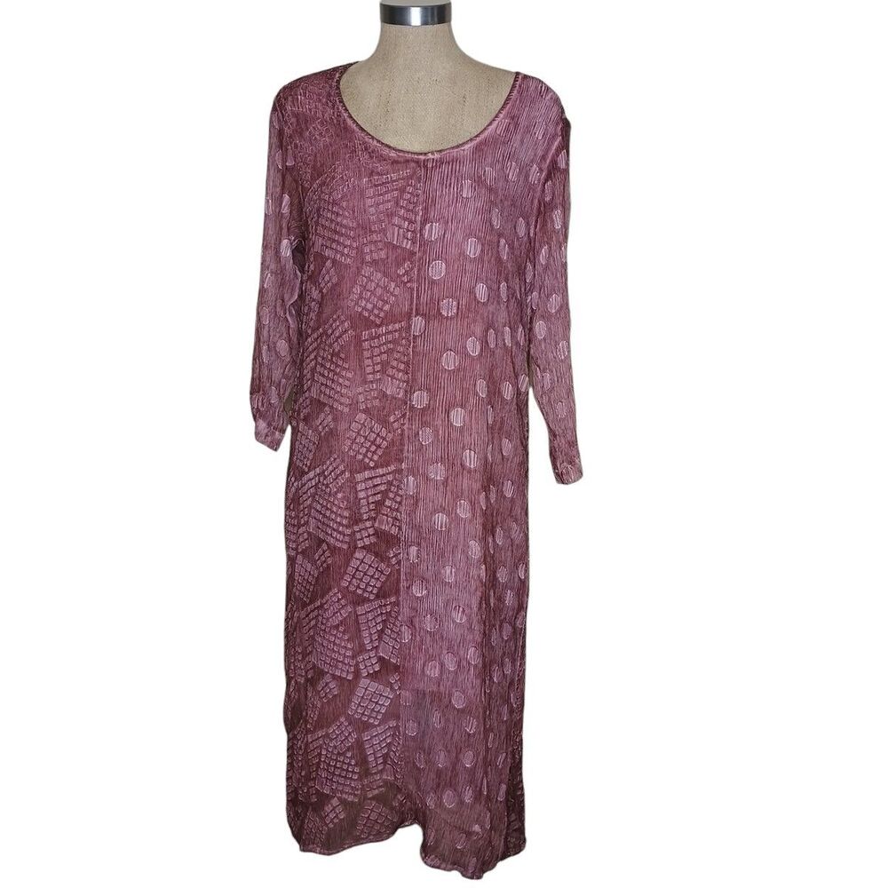 GRIZAS Dress Womens Sz M Dusty Rose Geometric Crinkle Gauzy Lagenlook Boho Lined